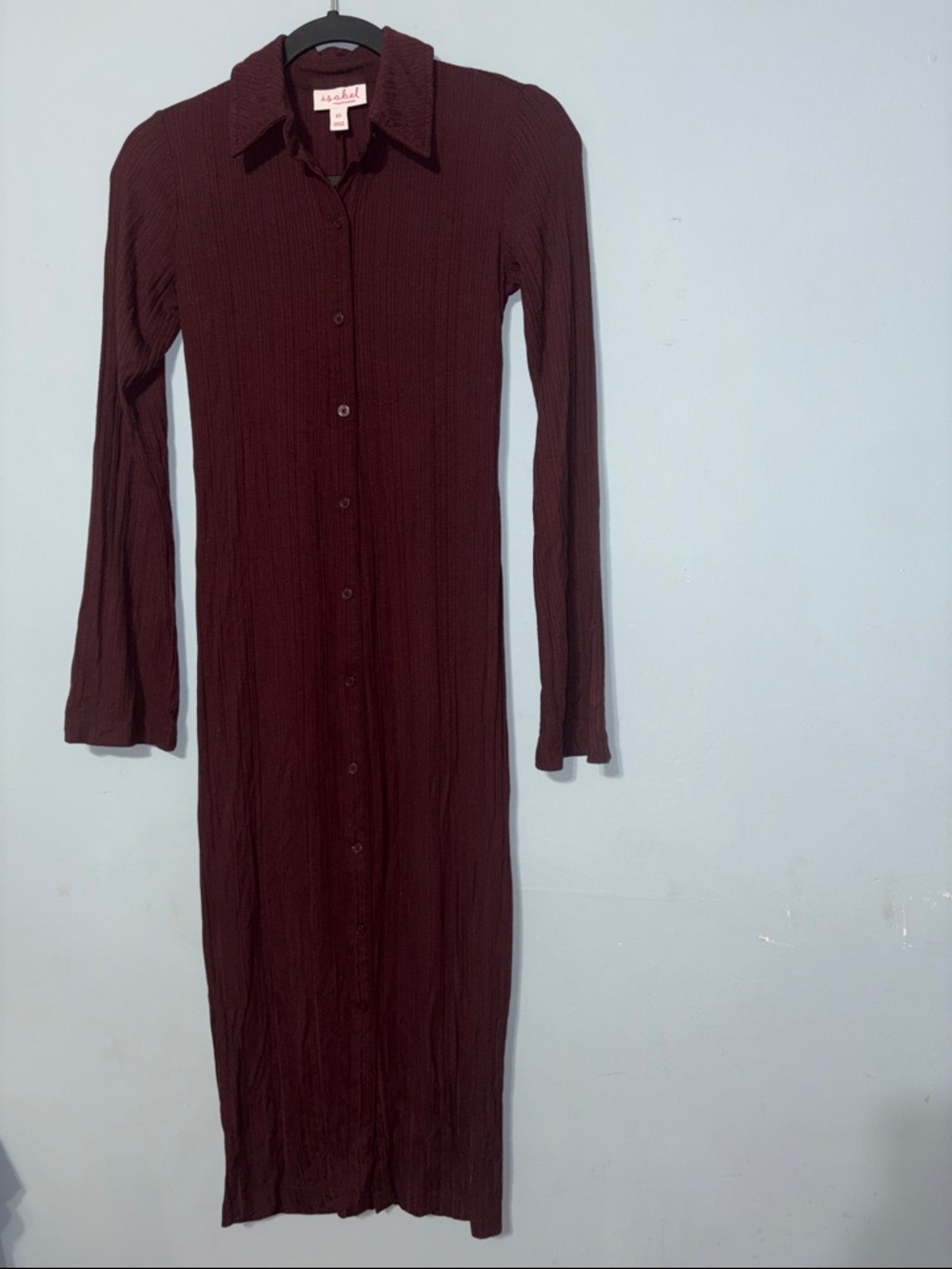 Isabel XS Ribbed Slinky Soft Long-Sleeve Button-Up Midi Dress in Deep Rich Brown